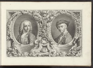 Portretten van artister Canaletto och Antonio Visentini Den mest kända utsikten över staden Venedig, från Antoniuskanalens 38 paneler, tryckta på mässing av Antonio Visentini, uppdelade i tre delar. del ett (serietitel) Gezichten op grote kanalen i Ven