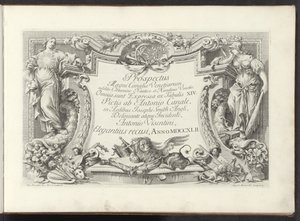 Titeltryck med kartusch med visdom och kraft Utsikt över Canal Grande i Venedig (serietitel) Prospekt Magni Canalis Venetiarum (serietitel på objekt)