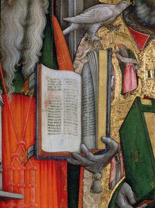 St. Jeromes Bible och St. Gregorys Dove, detalj av den vänstra panelen från The Virgin Enthroned with Saints Jerome, Gregory, Ambrose and Augustine, 1446 olja på duk efter restaurering se 160893-99