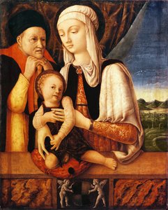 Den heliga familjen (Barbara de Brandebougs, hertiginna av Mantua, vapen), ca 1450-60 (olja på trä)