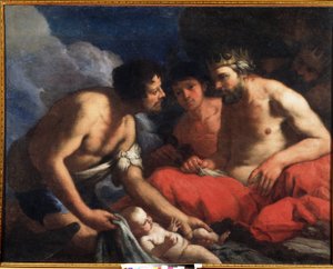 Palamedes och Odysseus med Telemachus (?) baby (Palamedes och Odysseus). Målning av Antonio Zanchi (1631-1722). Olja på duk