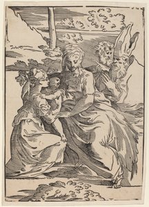 Den heliga familjen med två heliga. av Antonio da Trento