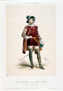Sångaren Jean-Baptiste (Jean Baptiste) Faure (1830-1914) framför Don Giovanni (Don Juan) i operan med samma namn av Wolfgang Amadeus Mozart (1756-1791) under en föreställning på Operateatern i Paris. Litografi av Antony Morlon (1834-1914) Colle