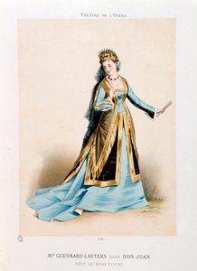 Sångerskan Pauline Lauters-Gueymard (Lauters Gueymard) (1834-1876) framför Dona Elvire i Wolfgang Amadeus Mozarts opera Don Giovanni (Don Juan) (1756-1791) under en föreställning på Operateatern i Paris. Litografi av Antony Morlon (1834-1914) Privat