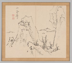 Dubbelalbum av landskapsstudier efter Ikeno Taiga, volym 1 blad 8, 1700-talet.
