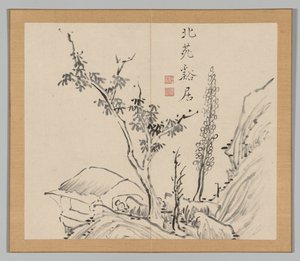 Dubbelalbum av landskapsstudier efter Ikeno Taiga, volym 2 blad 13, 1700-talet. av Aoki Shukuya