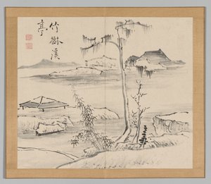 Dubbelalbum av landskapsstudier efter Ikeno Taiga, volym 2 blad 24, 1700-talet. av Aoki Shukuya