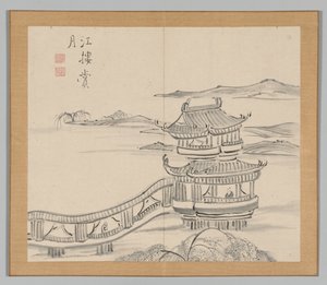 Dubbelalbum av landskapsstudier efter Ikeno Taiga, volym 2 blad 25, 1700-talet. av Aoki Shukuya