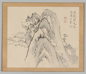 Dubbelalbum av landskapsstudier efter Ikeno Taiga, volym 2 blad 33, 1700-talet. av Aoki Shukuya