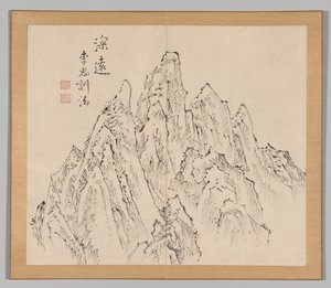 Dubbelalbum av landskapsstudier efter Ikeno Taiga, volym 2 blad 6, 1700-talet. av Aoki Shukuya