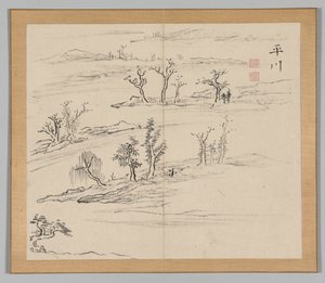 Dubbelalbum av landskapsstudier efter Ikeno Taiga, volym 2 blad 9, 1700-talet. av Aoki Shukuya