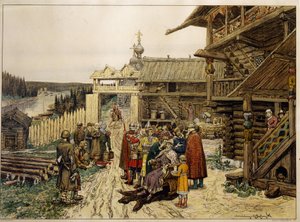 Feodal domstol för en rysk prins. (I en medeltida by lyssnar herren, sittande på en stol på gården till ett trähus, omgiven av sina soldater och rådgivare, på böndernas klagomål). Verk av Appolinari Mikhaylovich Vasnetsov