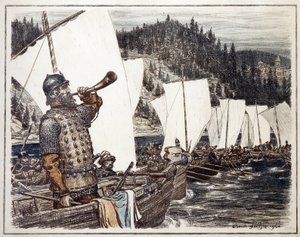 Yermak Timofeyevich (cirka 1540-1585) vid floden Irtysh. (Yermak Timopheyevich på Irtysh). Avsnitt av utforskningen och erövringen av Sibirien, 1583. Verk av Appolinari Mikhaylovich Vasnetsov (1856-1933), litografi 1916. Rysk konst, 20.