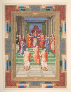 En påvlig ceremoni, Paul IV står framför den påvliga tronen, Add. MS 35254 Q, c.1555-59 (vellum) av Apollonio di Bonfratelli