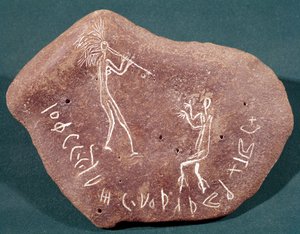 Sten inskriven med en dansare, flöjtspelare och en safaitisk inskription, 1:a århundradet f.Kr.-3:e århundradet e.Kr.