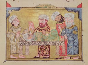 Läkarna besöker hans patient, scen från The Maqamat av Al-Hariri (gouache på veläng)