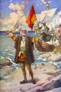 The Landing of Columbus (färg litho) av Archibald Bertram (after) Webb