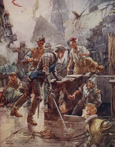 Då ropade han, med stolt blek läpp, "Ho! kanonjär, dela upp och sänka skeppet", från Ballads of Famous Fights, första upplagan, 1920. av Archibald Webb