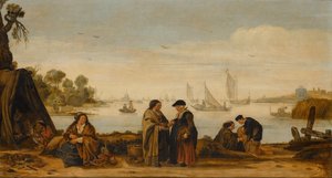 Flodlandskap med kvinnor som läser palmer