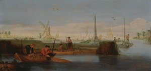 Flodscen med fiskare (olja på duk) av Arentsz van der Cabel
