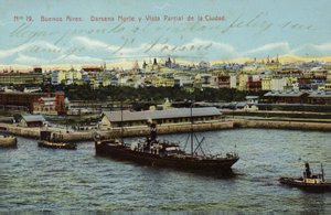 Norra bryggan och delvis skymd utsikt över staden, Buenos Aires, Argentina (färgat foto)