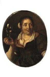 En bondkvinna som håller ett glas vin (olja på panel)
