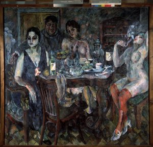 I artiststudion. Målaren representerade sig själv, rökande en cigarett, omgiven av nakna kvinnor, nära ett bord med en samovar, flaskor vin, glas, koppar och en skål med frukt. En erotisk, tung och smäktande atmosfär
