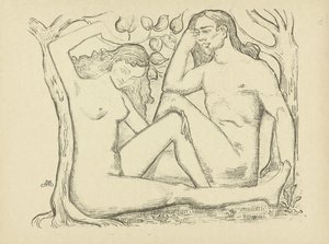 Adam och Eva sitter vid trädet Naken man och kvinna L