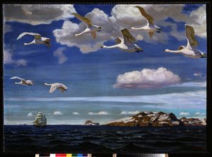 Blå frihet. Migration av vildgäss som flyger över havet Målning av Arkadi (Arkady) Alexandrovich Rylov (1870-1939), olja på duk