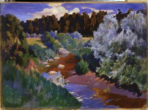 Landskap med en flod. Målning av Arkadi (Arkady) Alexandrovich Rylov (1870-1939), olja på duk. Rysk konst, sent 1800-tidigt 1900-tal. Ryska statens museum, Sankt Petersburg.