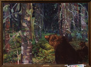 En björn. (Med sina ungar, i en skog av barrträd). Målning av Arkadi (Arkady) Alexandrovich Rylov (1870-1939), olja på duk