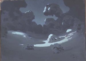 Månen tänder ett glänta i skogen (olja på papper)