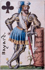 Representation av riddaren Pierre Terrail, Lord of Bayard (1476-1524). Detalj av ett spelkort gjort av Gustave Houbigant (1789-1862) 1800-talets Paris B.N.