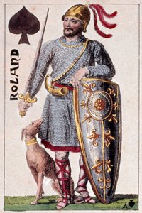 Representation av riddaren Roland (eller Hroudland), Marquis of the Marches of Bretagne. Detalj av ett spelkort gjord av Gustave Houbigant (1789-1862) 1800-talets Paris B.N.