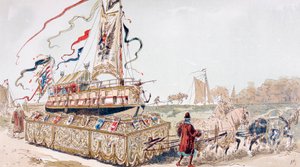 En kunglig pråm som dras på en vagn av hästar till en kanal på 1500-talet av Armand Jean Heins
