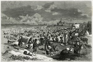 Ostend Beach. Gravyr av A.Heins, för att illustrera berättelsen ""La Belgique"", av Camille Lemonnier (1844-1913), författare och konstkritiker. Publicerad i Tour du monde new journal des voyages av Armand Jean Heins