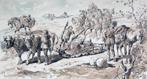 Oxar ritar en primitiv släde lastad med stenar, 1886 av Armand Jean Heins