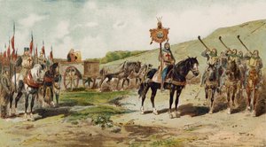 Krigsvagn och lituusblåsare, korstågens tid, 1000-talet av Armand Jean Heins