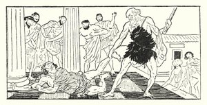 Odysseus drar Irus ut ur salen (litho)