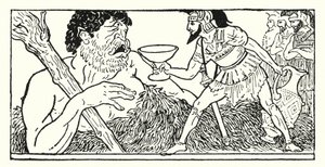 Odysseus erbjuder en kopp vin till jätten Polyphemus (litho)