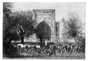 En församling inför moskén i Bukhara, Uzbekistan, 1895. av Armand Kohl