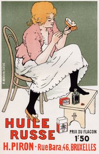 Livsstil. Fashion. Rysk olja, skorreparation. Affisch av Armand Rassenfosse, Belgien, ca 1895 (affisch) av Armand Rassenfosse
