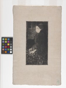 Sittande kvinna med fjäderhatt (etsning, torrnål och stipple) av Armand Séguin