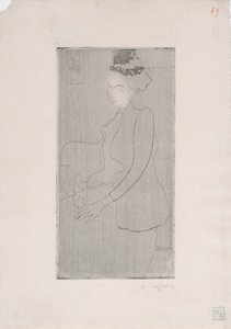 Femme assise avec chapeau a plumes (Sittande kvinna med fjäderhatt) c.1893 (etsning) av Armand Séguin
