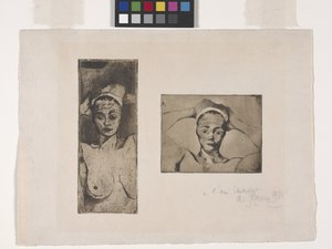 Naken med händerna bakom huvudet, vertikal (vänster bild); Naken med händerna bakom huvudet, horisontellt (höger bild) (etsning och akvatint)
