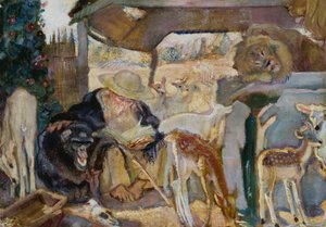 St Anthony bland djur, av Armando Spadini (1883-1925), olja på bräda, 66x96 cm