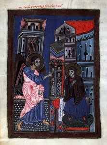 Bebådelsen. Ärkeängeln Gabriel besöker Jungfru Maria. Belysning av Codex Matenadarans mästare (1200-talet), miniatyr, akvarell på pergament