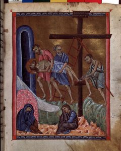 Depositionen. Är representerade: Sankta Maria Magdalena, Jungfru Maria, Jesus Kristus, Josef av Arimatea, Sankt Nikodemus och Sankt Johannes. Belysning av Codex Matenadarans mästare (1200-talet), miniatyr, akvarell på pergament