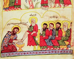 Ms 404 fol.7v Kristus tvättar lärjungarnas fötter, 1100-1200-talet