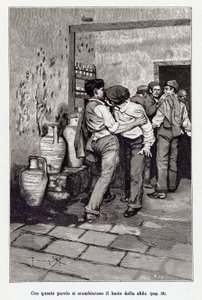 Inbjudan till den sicilianska duellen av den dödliga "kysen", faktiskt ett bett i örat. Illustration av Arnaldo Ferraguti för den nya "" Cavalleria Rusticana "" av Giovanni Verga. 1897